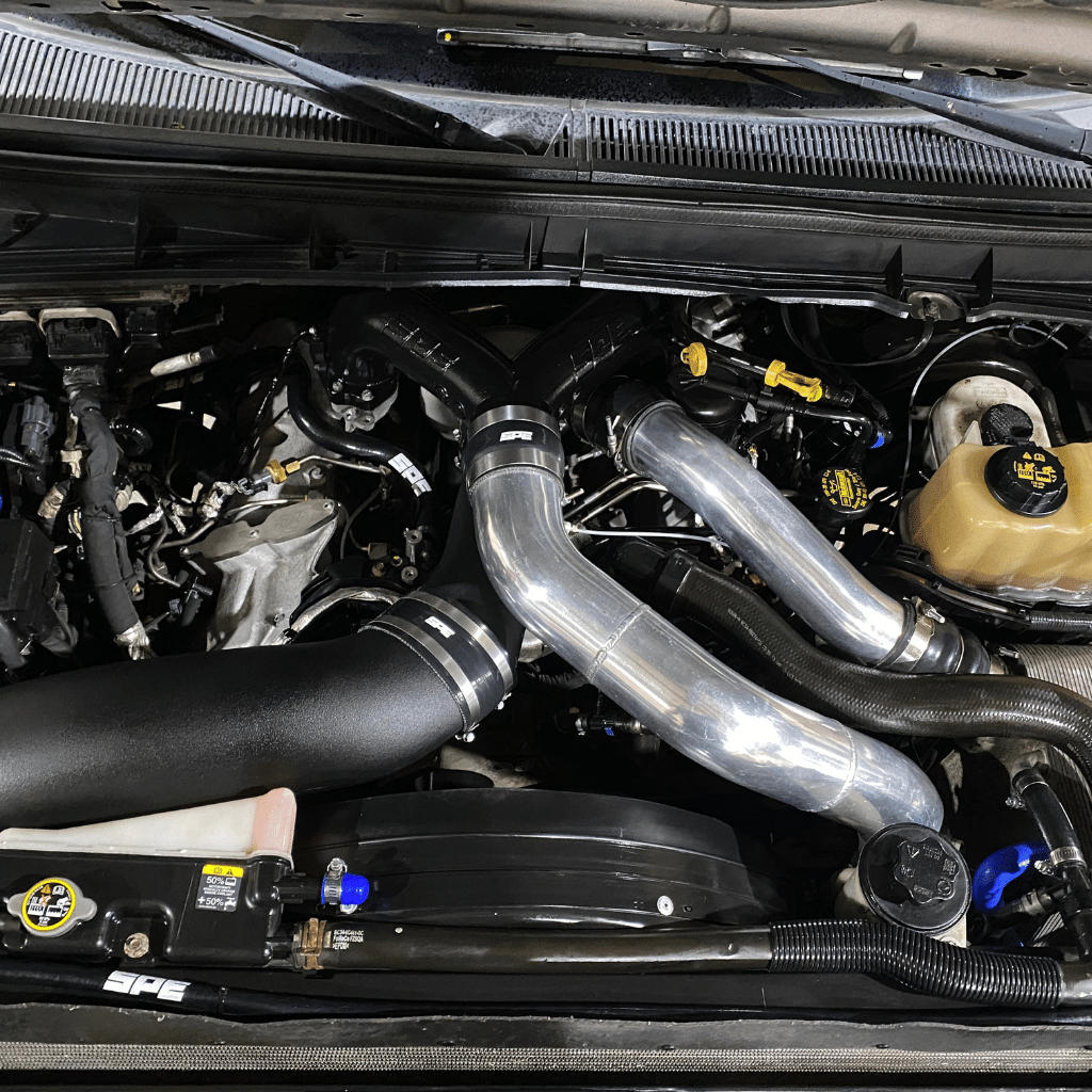 SPE Motorsport 6.7 Powerstroke Coolant Hose Reroute Kit under engine bay